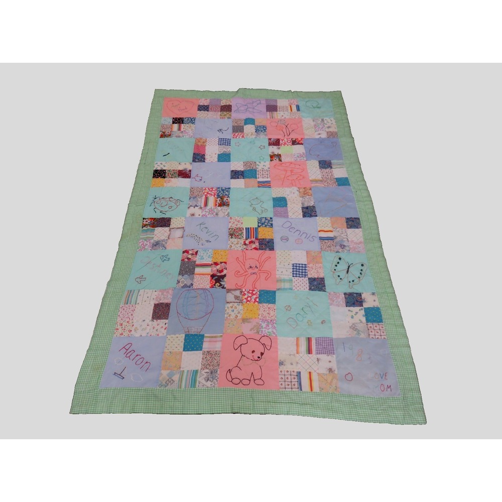 Vintage‎ Handmade Patchwork Embroidered Kids Quilt 1983 Cotton 46" x 76"